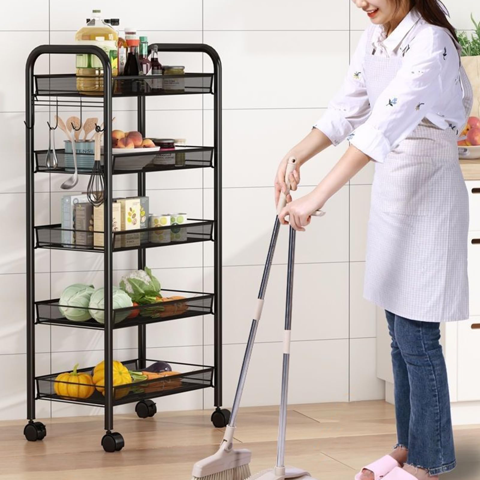 Goodliest Rolling Carts with Wheels, Metal 5 Tier Kitchen Storage Cart with Baskets for Office Bathroom Kitchen Laundry Room Narrow Places (Black)