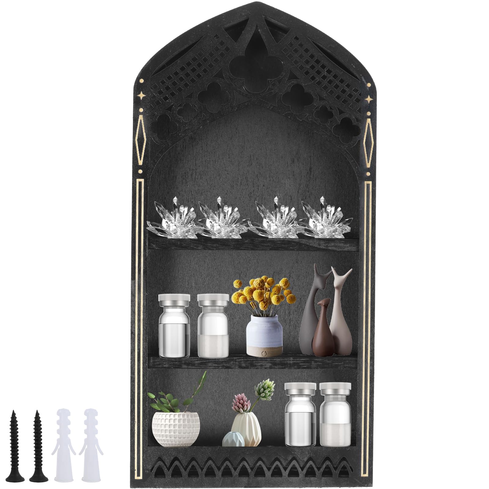 PTMTFYL Gothic Window Crystal Shelf Display for Wall, Wooden Crystal and Rock Display Shelf, Old Church Window Crystal Wall Shelf, Wooden Gem Stone Storage Holder Trinkets Organizer