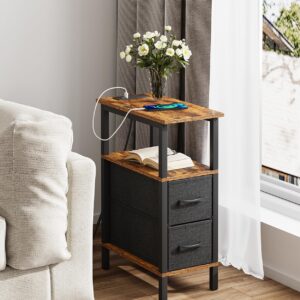 VIMBER Narrow Side Table for Small Spaces, Skinny End Table with Charging Station, Sofa Beside Table with 2 Drawers 1 Open Compartment, Slim Nightstand with USB Ports Outlet, Rustic and Brown UTBT004F