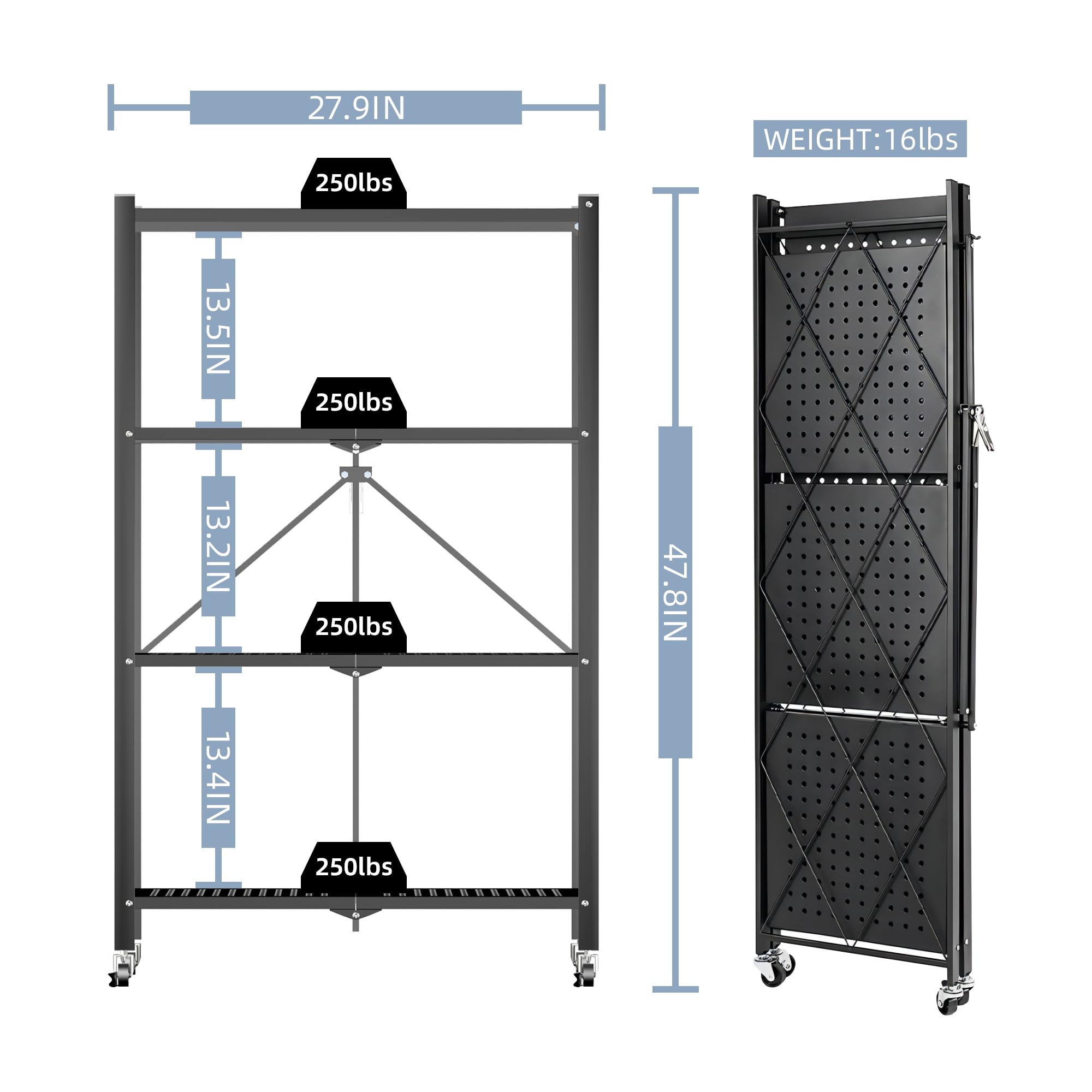 NEWWARE Storage Shelves 4-Tier Foldable, Metal Organizer and Storage Rack for Bathroom Kitchen, Display Storage Shelf with Wheels, No Assembly Shelving Unit for Pantry and Garage 4 Hooks, Black