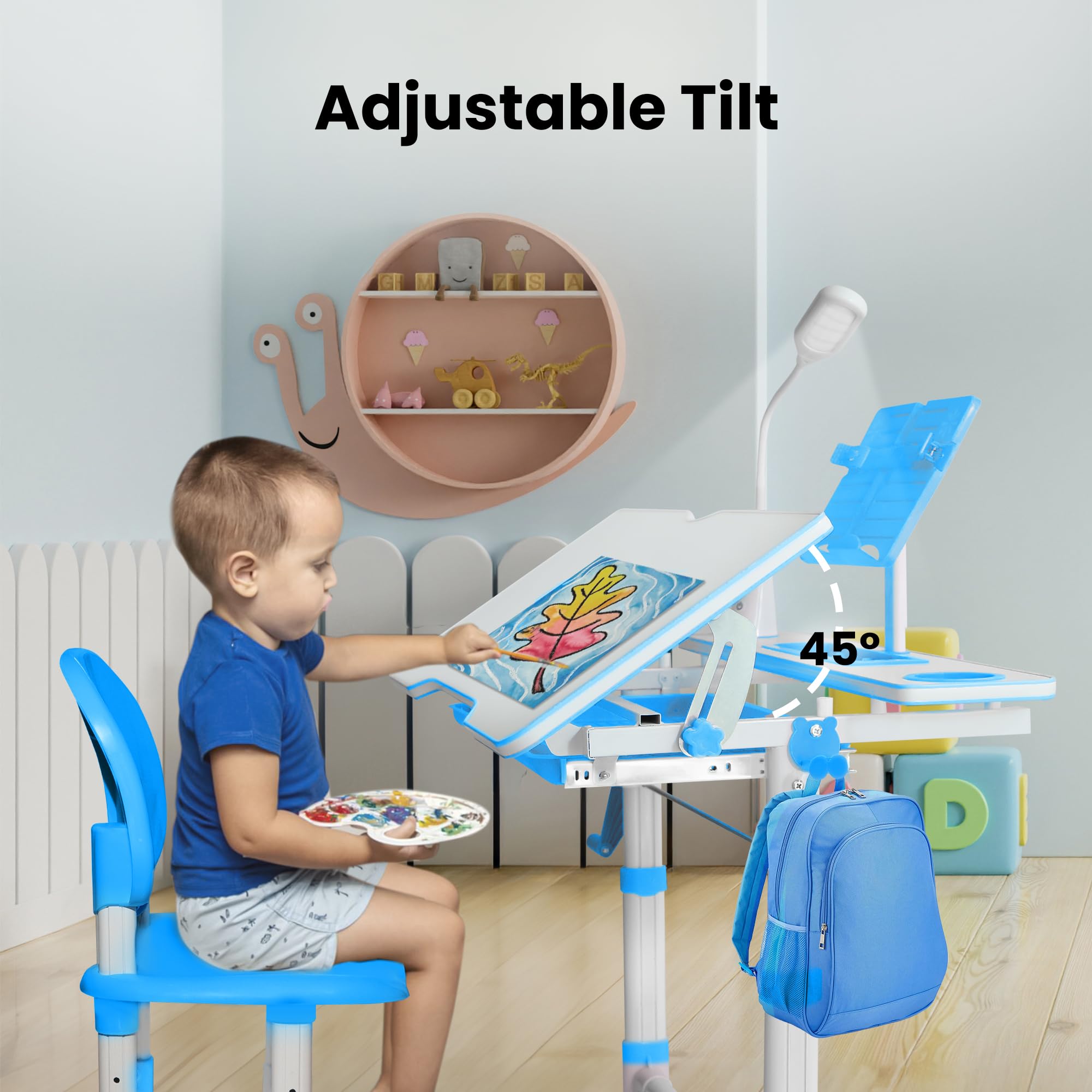 eClub Deals Kids Functional Desk and Chair Set, Height Adjustable Children's Study Desk for Ages 4-12, Book Stand, LED Light and Storage Drawer - for Baby Bedroom, Game Rooms, Blue