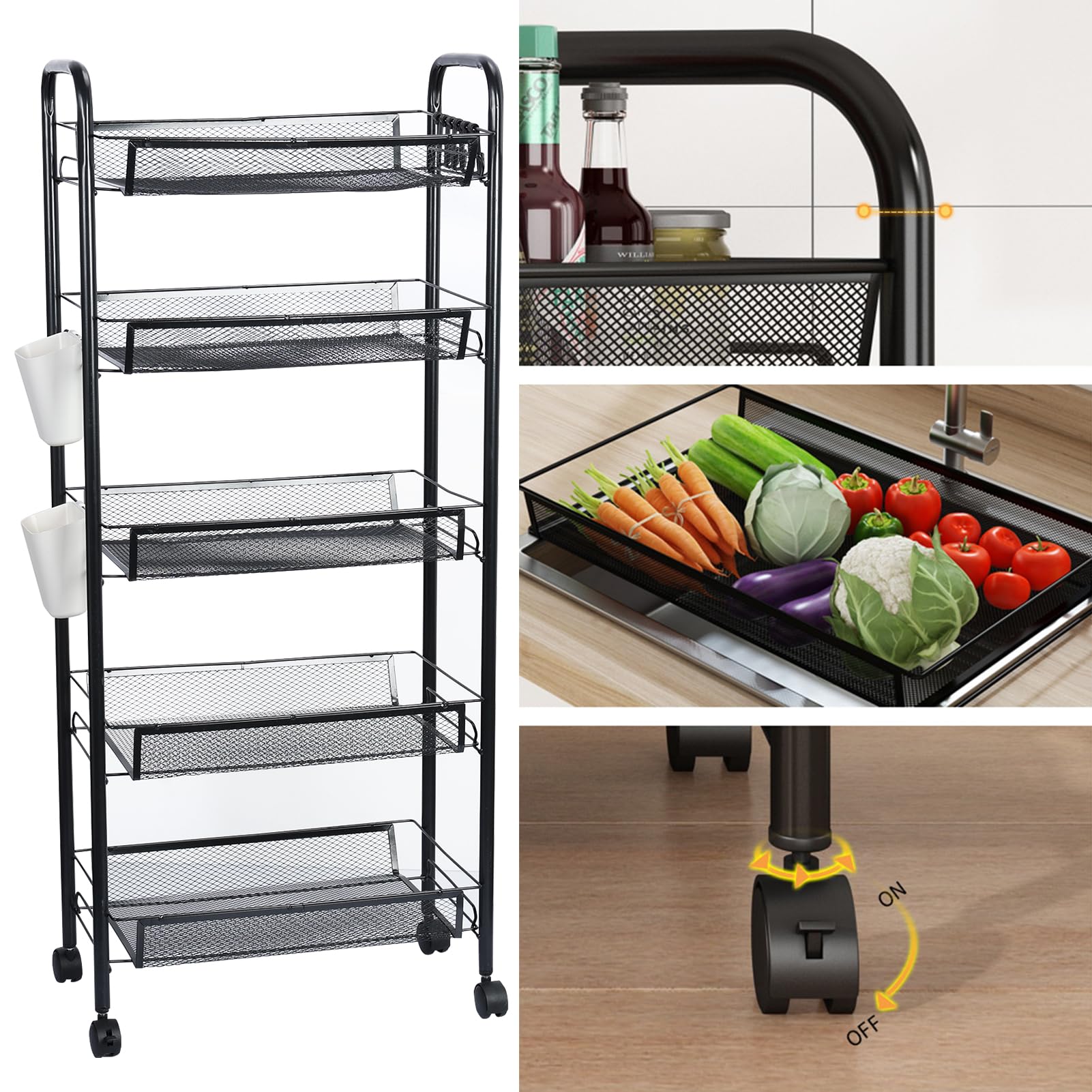 Goodliest Rolling Carts with Wheels, Metal 5 Tier Kitchen Storage Cart with Baskets for Office Bathroom Kitchen Laundry Room Narrow Places (Black)