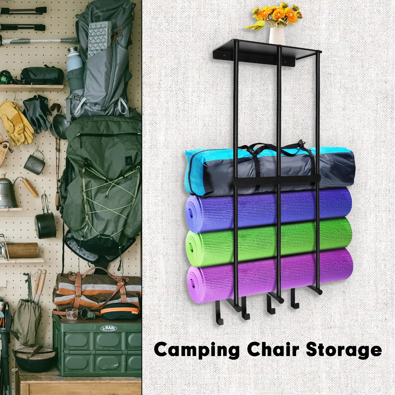 Dtructiew Camping Chair Wall Storage Rack for Garage, Metal Mount Hanging Rack for Beach Chairs, Umbrellas, and Bathroom Towels with 4 Hooks – Ideal for Garage and Camping Organization