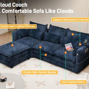 Modular Sectional Sofa, Convertible L Shaped Couch, 4 Seat Sofa Set with Chaise, Comfy Cloud Couches for Living Room, 110 inch Width Modern Sofa Couch, Chenille (Dark Blue, 3 Seats with Ottoman)