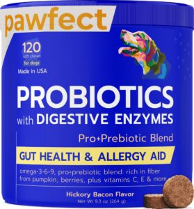 pawfectchew vet approved probiotics & digestive enzymes for dogs | gut health & digestive function support | pumpkin & omega | diarrhea, seasonal allergies & itching | prebiotic supplement chew