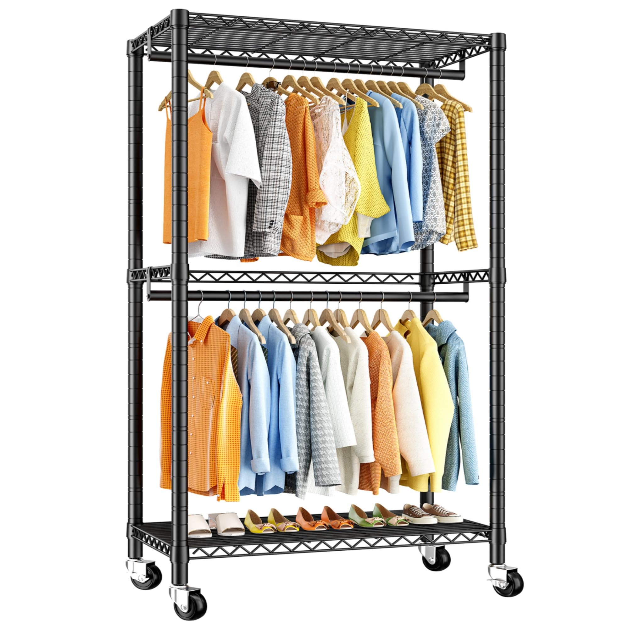 Raybee Clothes Rack 79''H Heavy Duty Clothing Rack with Wheels Adjustable Clothing Racks for Hanging Clothes Portable Rolling Clothes Rack Metal Garment Rack 79" H X35.5 W X15.7 D,Black