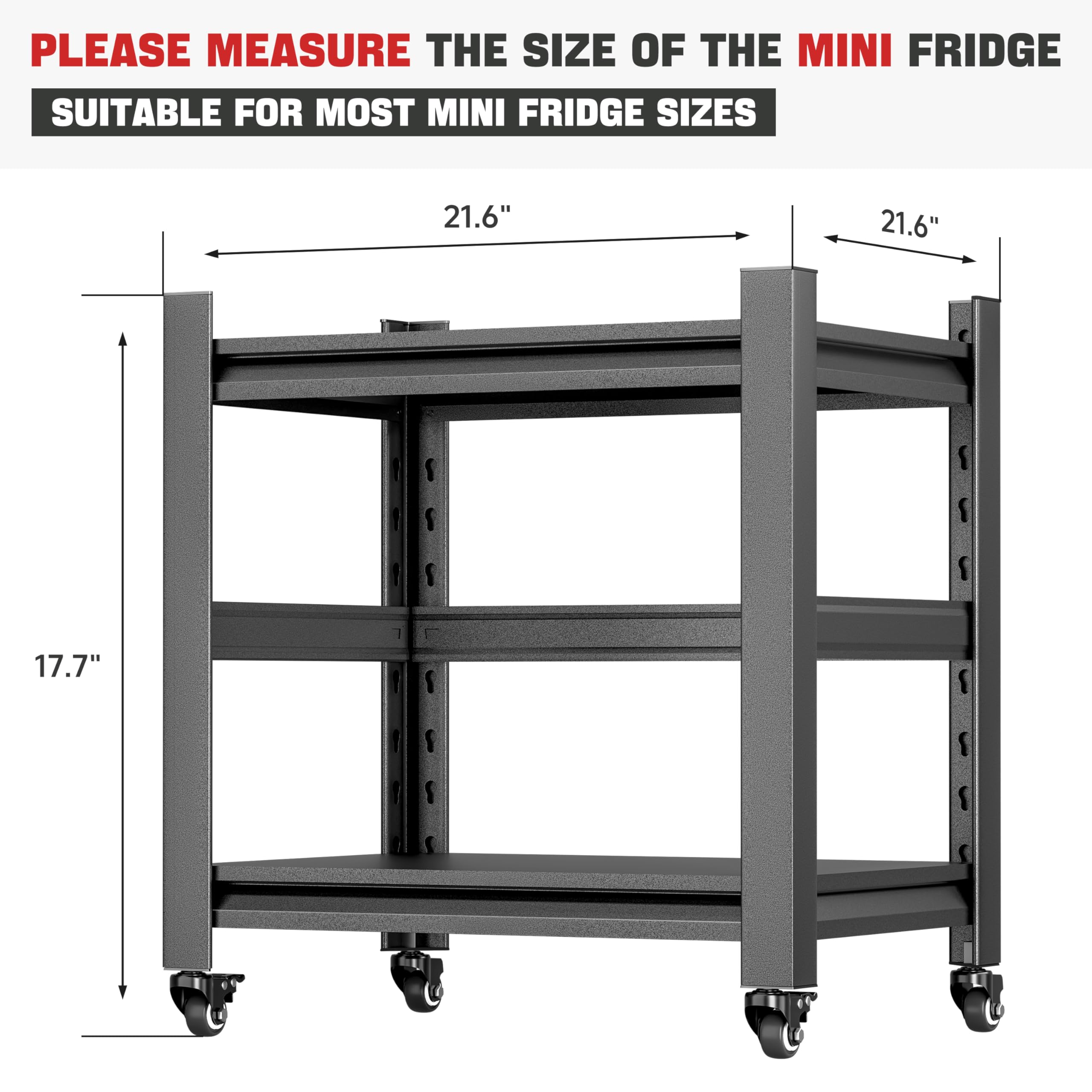 Phonando Mini Fridge Stand with Storage,Heavy Duty Mobile Mini Fridge Shelf with 4 Lockable Wheels,220lbs Mini Fridge Table for Dorm,Small Refrigerator Stand Storage Cart,Black