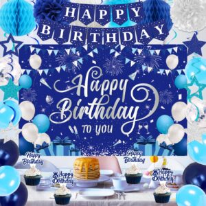 Blue Birthday Decorations, Happy Birthday Party Decorations for Men Women Boys Girls, Happy Birthday Backdrop, Banner, Balloons, Honeycomb Ball, Hanging Swirl, Star Card, Cake Topper, Pompoms 52pcs