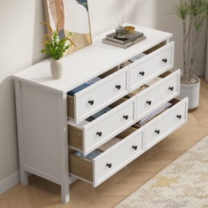 CARPETNAL White Dresser for Bedroom, 6 Drawer Dresser with Wide Drawer and Metal Handles, Wood Dressers & Chests of Drawers for Hallway, Entryway.