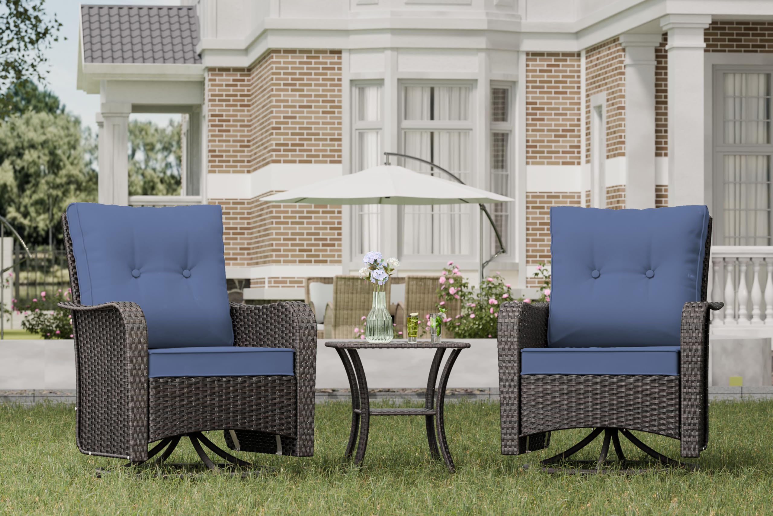 ASJMR 3 Pieces Patio Swivel Rocker Wicker Chairs-Outdoor Swivel Rocking Chairs with 1 Rattan Coffee Table 2 Thickened Cushions Outdoor Furniture Conversation Sets for Patio Porch Garden