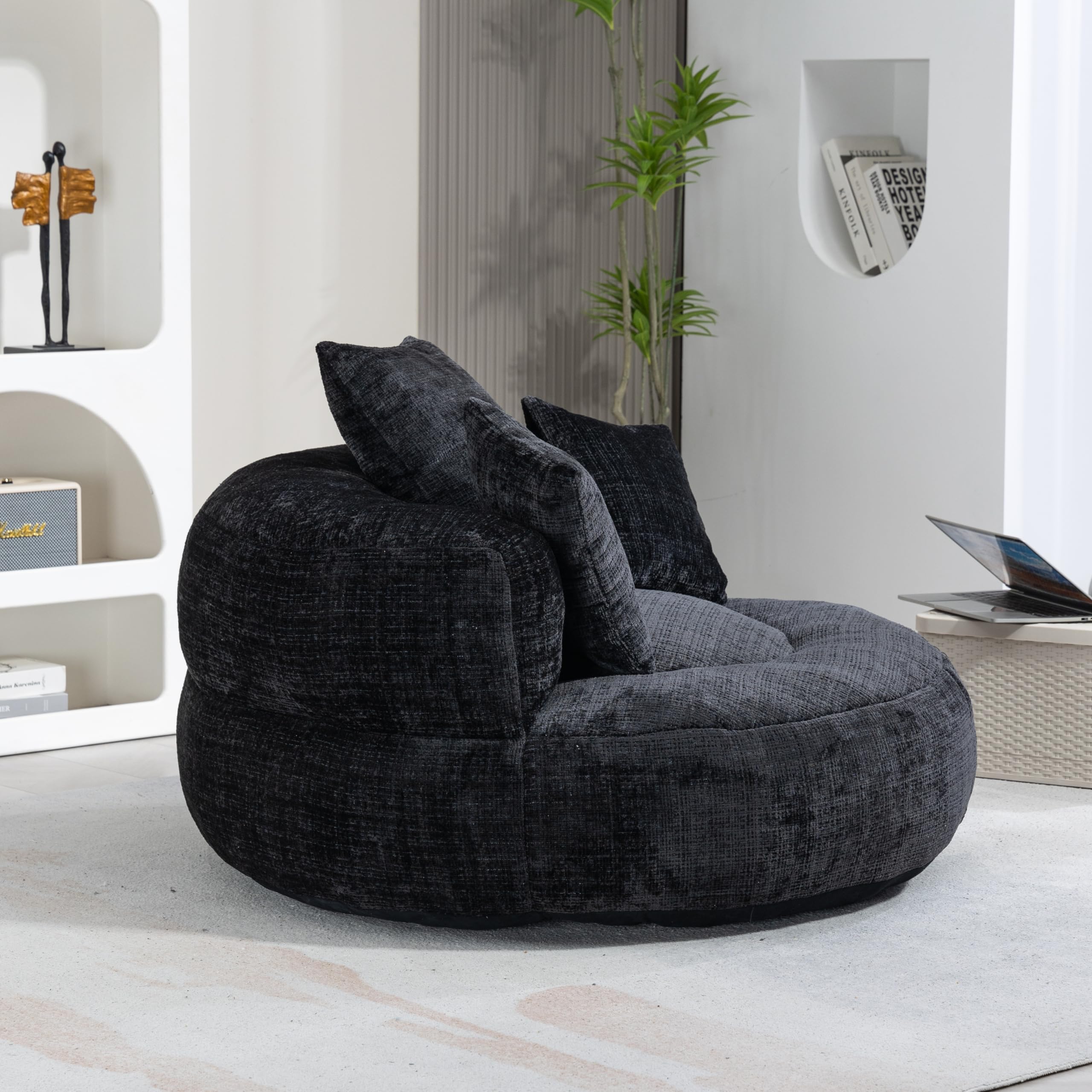 TZXTW Comfort Bean Bag Chair, Chenille Fabric Upholstered Lazy Sofa, Modern Lounge Chair with Three Pillows for Living Room, Single Sofa Couch Reclining Sleeper Chair for Bedroom, Office,Balck