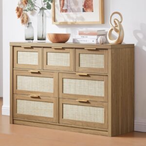 oakham home 7 drawer dresser, large dresser for bedroom, rattan chests of drawers with metal handle and wide drawers, wood dressers organizer tv stand, 52.76" w x 17.71" d x 31.69" h