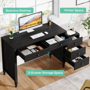 Tribesigns Computer Desk with 5 Drawers, Wood Home Office Desk with Reversible File Drawers and Printer Stand, Ash Black Writing Desk, Study Table Workstation for Small Spaces