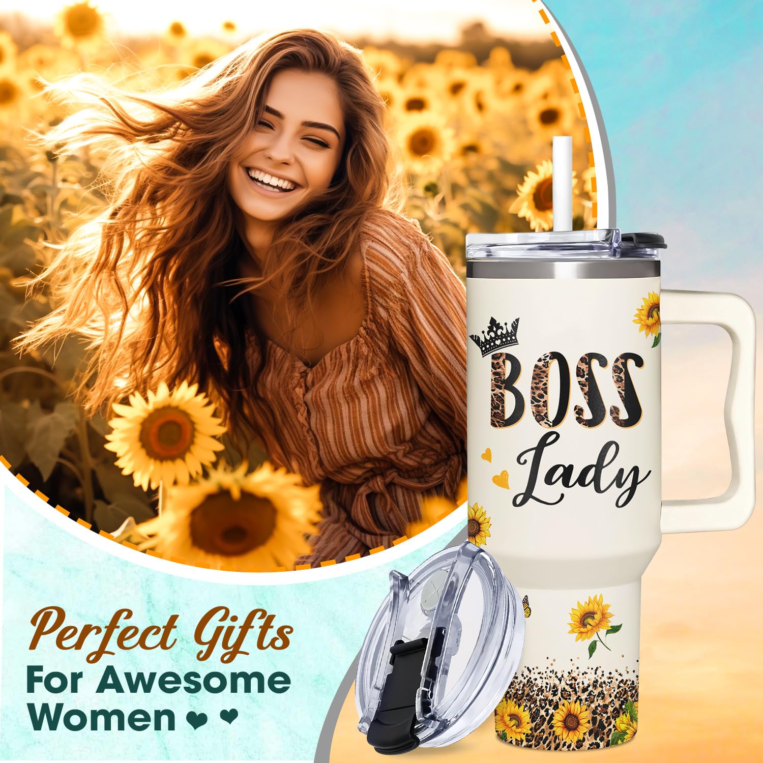 AT2Z GLOBAL Boss Lady Gifts For Women - Sunflower Gifts For Women Boss Day, Administrative Professional Day, Christmas - Thank You Gifts for Boss Lady, Manager - Boss Lady Tumbler 40oz with Handle