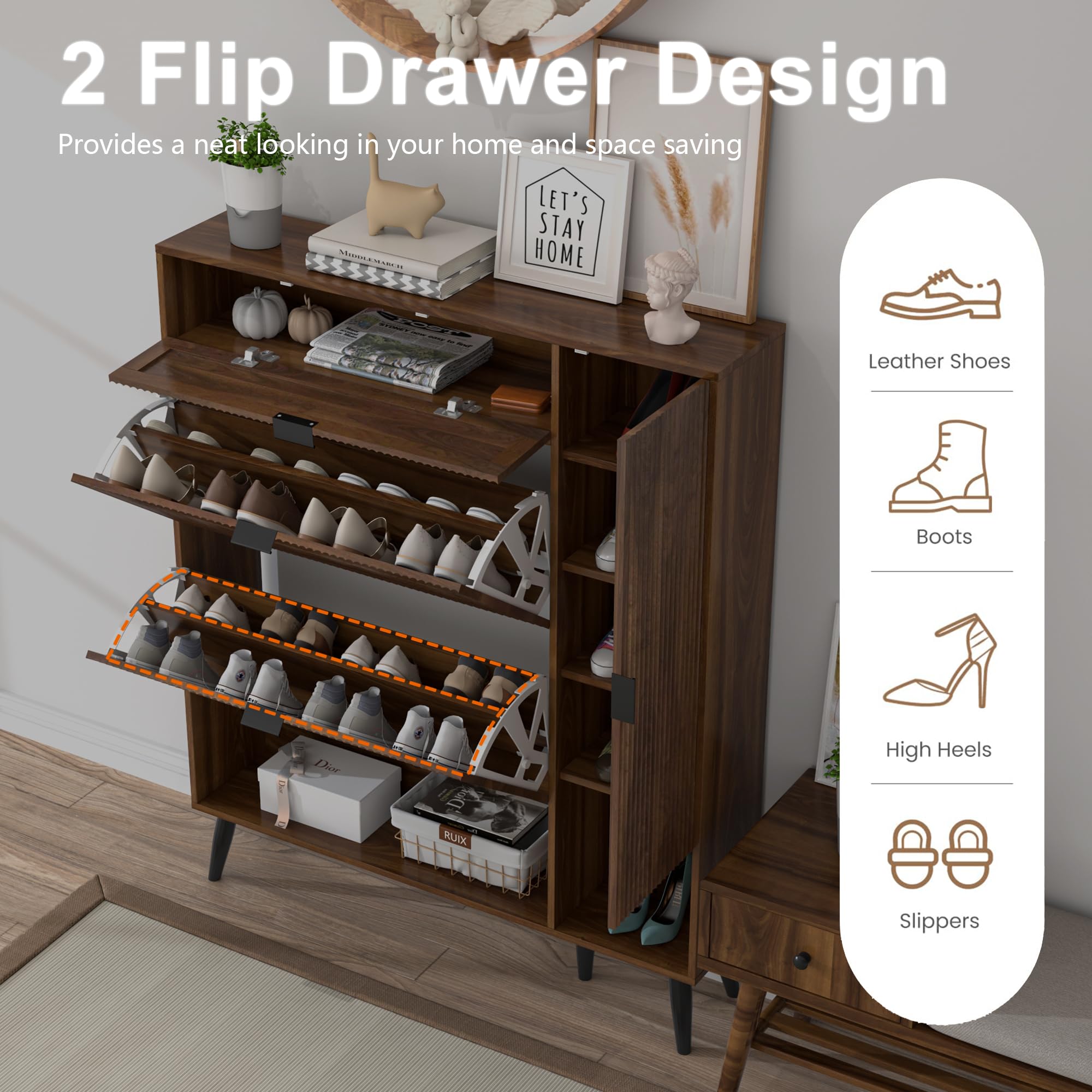 Shoe Storage Cabinet with 2 Flip Drawers Narrow Shoe Cabinet with Doors Freestanding Shoe Organizer Cabinet with Adjustable Shelf Slim Hidden Cabinet for Entryway (Walnut)