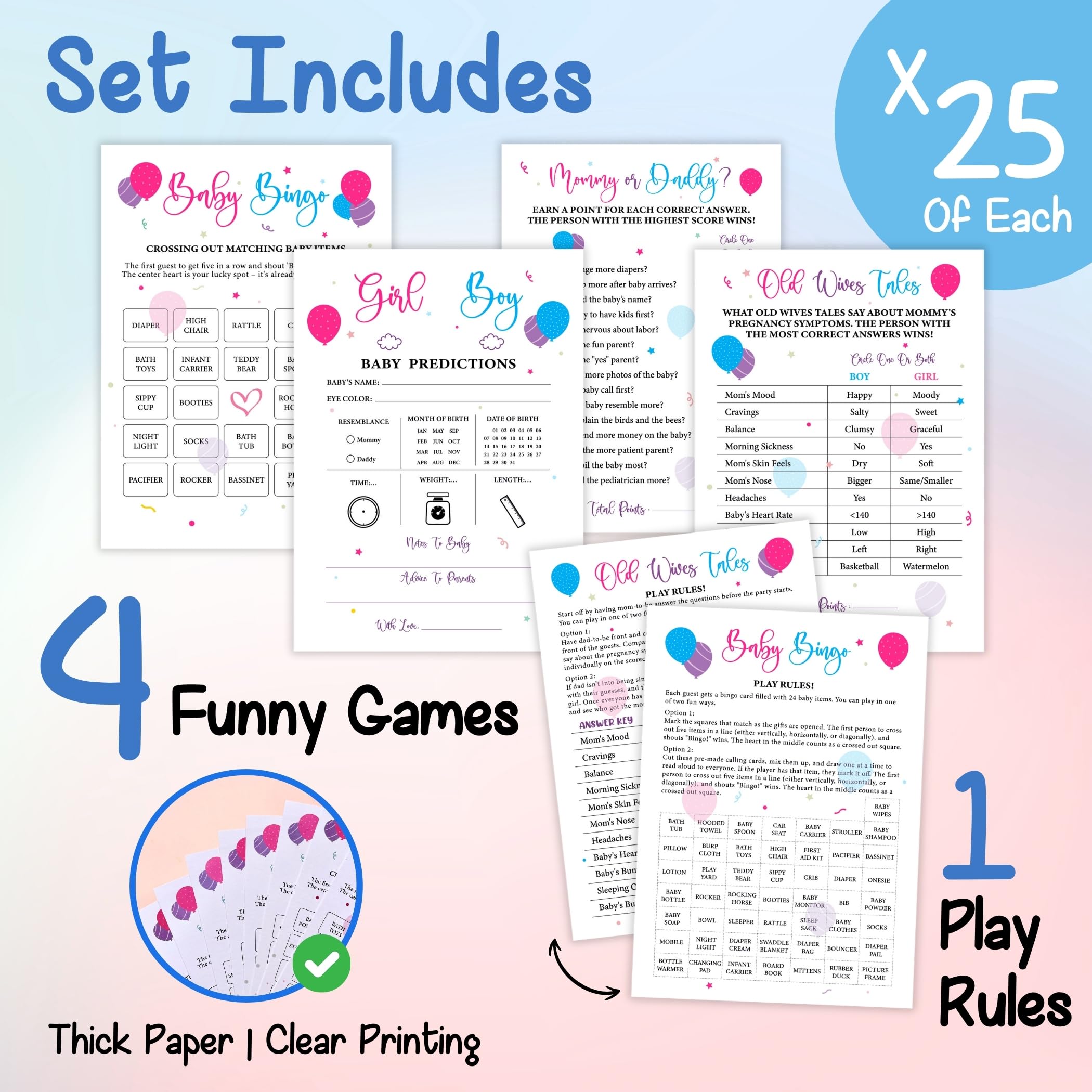 WOODAMORE Baby Gender Reveal Games for Guests - 4 Funny Baby Shower Games for Gender Reveal Party Decoration, Baby Shower Bingo Game, Boy Or Girl Gender Reveal Baby Prediction Cards, Old Wives Tales