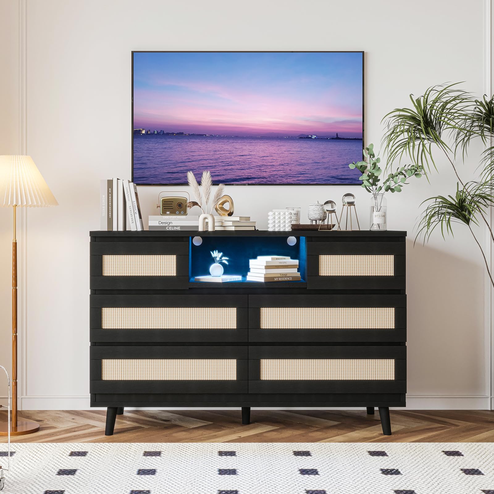 Rattan Dresser for Bedroom with Led Light and Charging Station, 6 Drawer Double Dressers, Modern Wooden Dresser Chest, Beside Table for Closet, Nursery, Living Room,Black