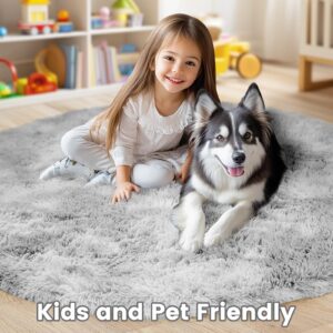 Puremy Round Rug for Bedroom, 5x5 Fluffy Circle Area Rugs for Kids Room, Soft Shaggy Circular Carpet for Nursery Living Room, Non-Slip Home Decor Rug for Teen's Room, Tie-Dye Light Grey