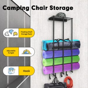 Dtructiew Camping Chair Wall Storage Rack for Garage, Metal Mount Hanging Rack for Beach Chairs, Umbrellas, and Bathroom Towels with 4 Hooks – Ideal for Garage and Camping Organization