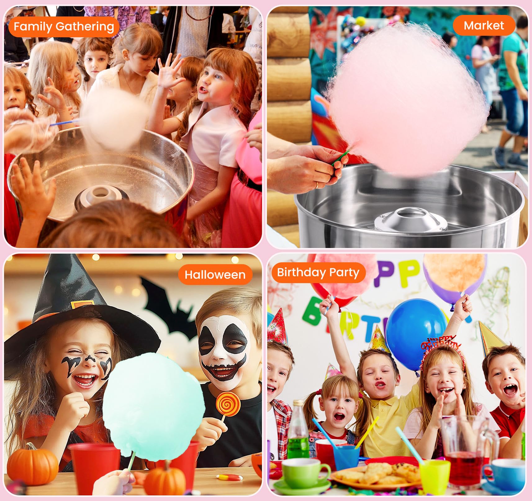 Cotton Candy Machine Commercial, 1000W Electric Cotton Candy Maker Machine, Candy Floss Machine with Stainless Steel Bowl and Sugar Scoop for Kids Birthday, Family Party Pink