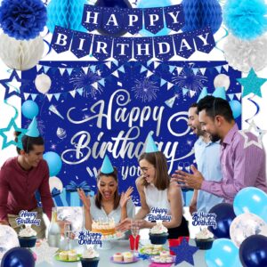 Blue Birthday Decorations, Happy Birthday Party Decorations for Men Women Boys Girls, Happy Birthday Backdrop, Banner, Balloons, Honeycomb Ball, Hanging Swirl, Star Card, Cake Topper, Pompoms 52pcs