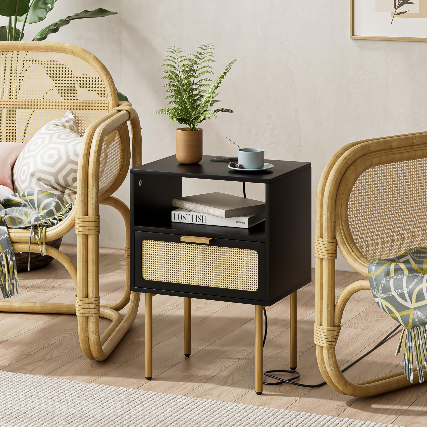 Aienvey Rattan Nightstand with Charging Station, Drawer Dresser for Bedroom, Small Bedside Table with Drawer, Night Stand, End Table with Gold Frame for Living Room, Black