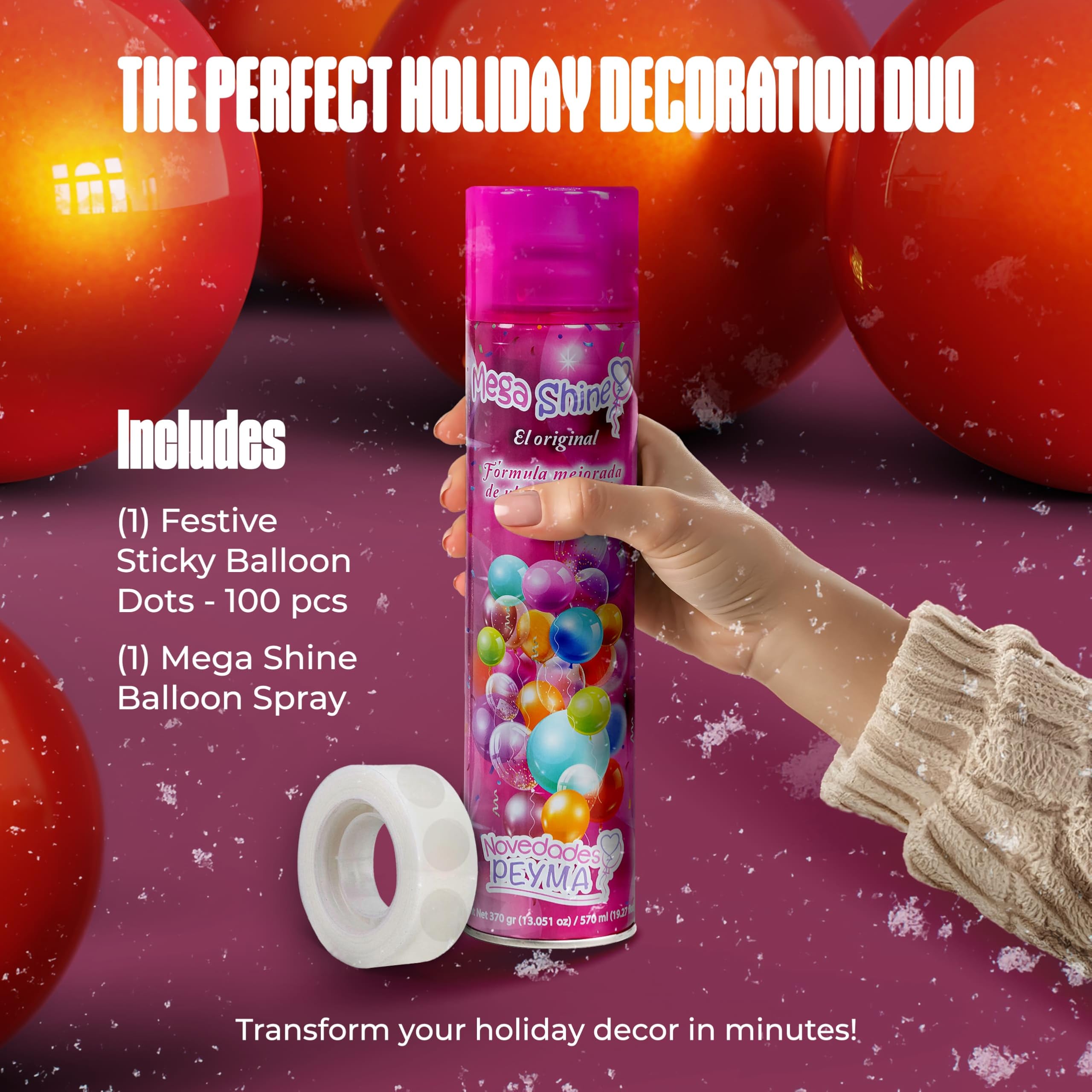 Vs Trade Corp Bundle Balloon Mega Shine Spray + Balloon Sticky Dots Heavy Duty Double Sided, Christmas Décor Balloon Shine Spray, 100 dots, 570ml