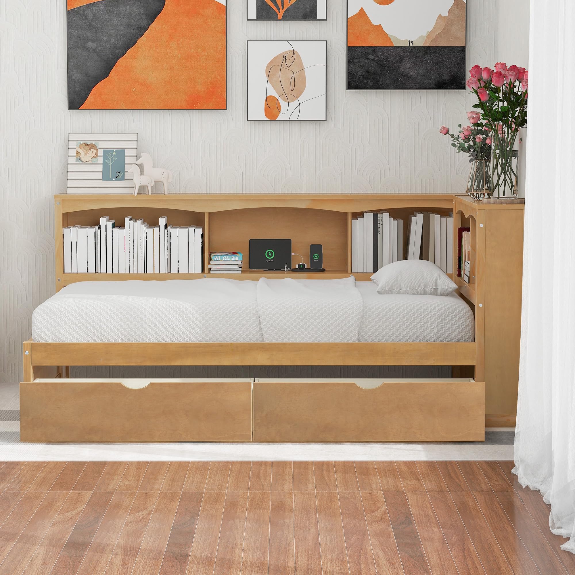 SOFTSEA Twin Size Daybed with Bookcase Headboard & Drawers, L-Shaped Platform Bed with Charging Station, Wood Twin Corner Bed Frame with Storage for Kids Teens Adults, No Box Spring Needed, White