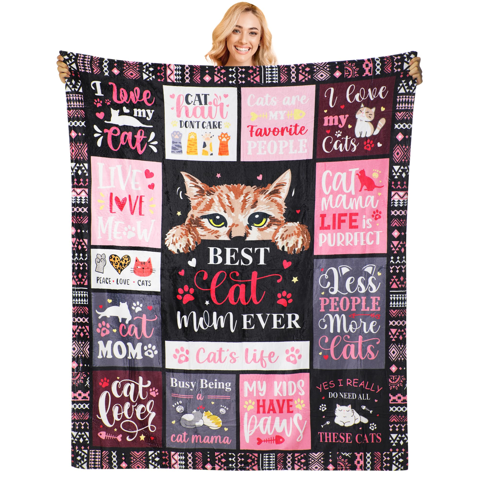 Poekuao Cat Mom Blanket Gifts - Funny Cat Themed Gifts Fleece Flannel Stuff Soft Lightweight Plush for Girl Cat Lovers Cozy Throw Blanket for Couch Bedding Sofa 60"x50"