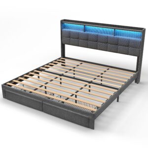 Dolonm LED King Size Bed Frame with 2 Storage Drawers, Upholstered King Bed Frame and Headboard with Charging Station, No Box Spring Needed, Easy Assembly, Dark Gray