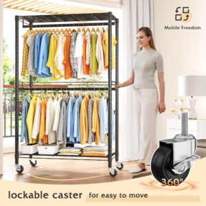 Raybee Clothes Rack 79''H Heavy Duty Clothing Rack with Wheels Adjustable Clothing Racks for Hanging Clothes Portable Rolling Clothes Rack Metal Garment Rack 79" H X35.5 W X15.7 D,Black