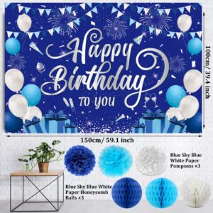 Blue Birthday Decorations, Happy Birthday Party Decorations for Men Women Boys Girls, Happy Birthday Backdrop, Banner, Balloons, Honeycomb Ball, Hanging Swirl, Star Card, Cake Topper, Pompoms 52pcs