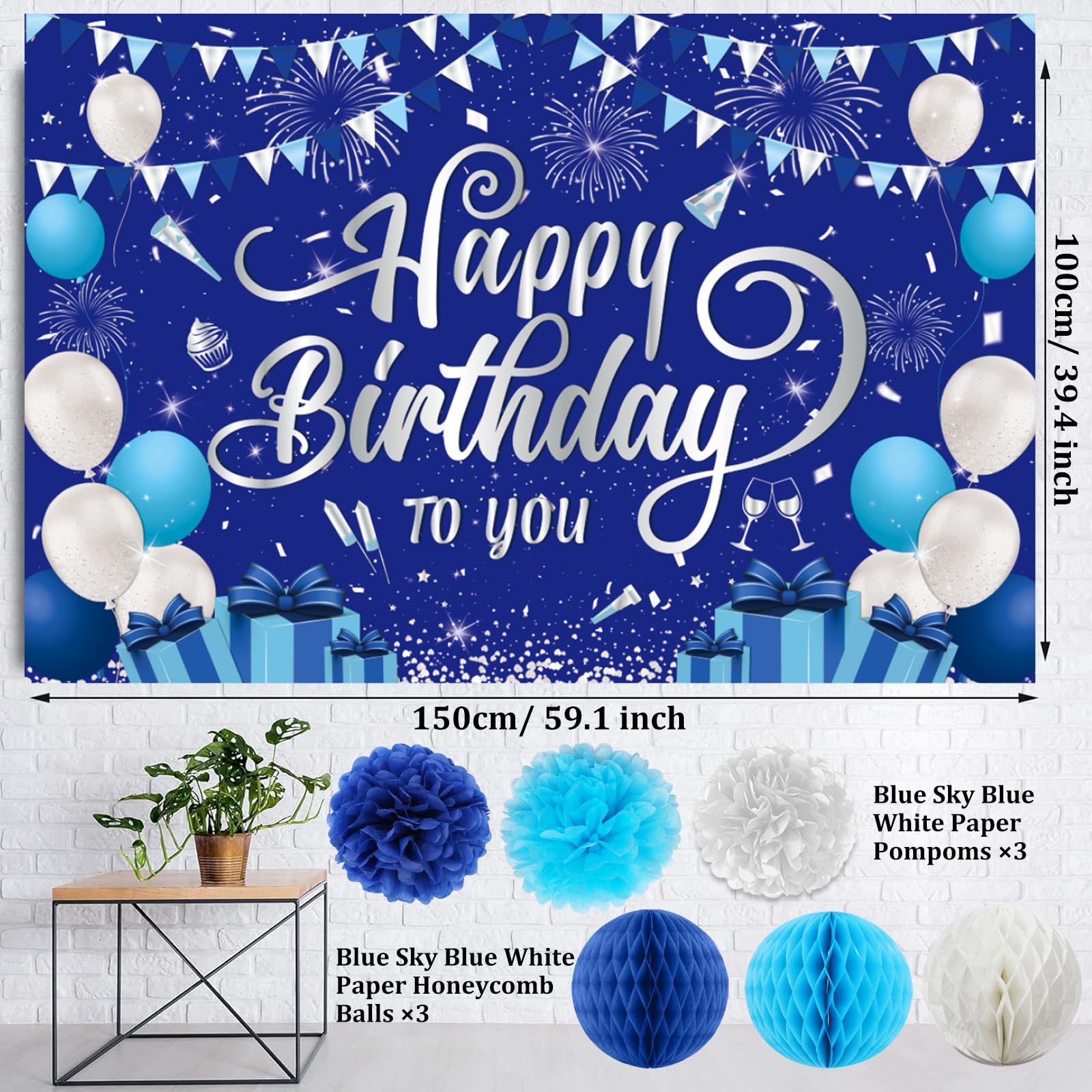 Blue Birthday Decorations, Happy Birthday Party Decorations for Men Women Boys Girls, Happy Birthday Backdrop, Banner, Balloons, Honeycomb Ball, Hanging Swirl, Star Card, Cake Topper, Pompoms 52pcs