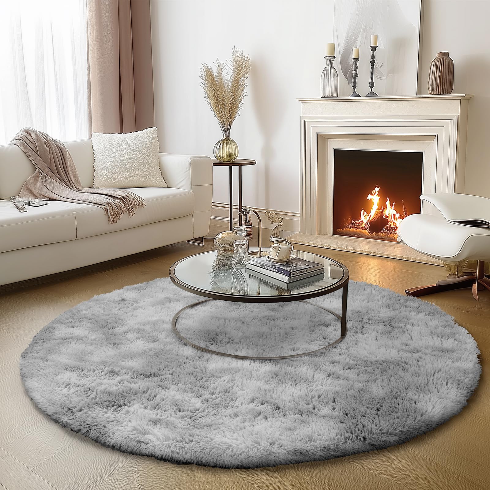 Puremy Round Rug for Bedroom, 5x5 Fluffy Circle Area Rugs for Kids Room, Soft Shaggy Circular Carpet for Nursery Living Room, Non-Slip Home Decor Rug for Teen's Room, Tie-Dye Light Grey