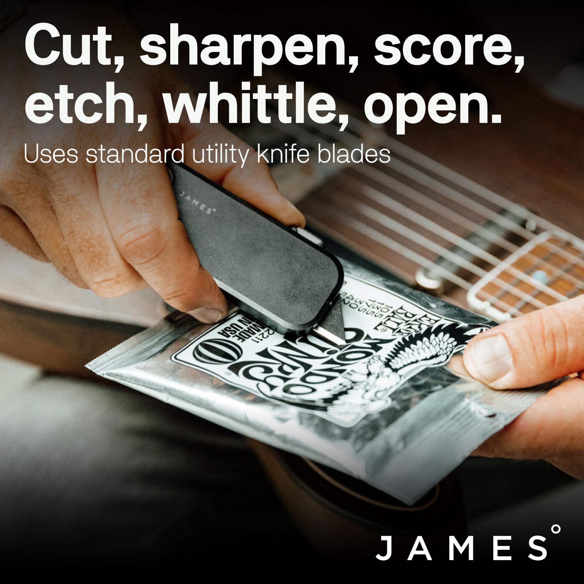 JAMES° The Palmer Utility Knife, Anodized Aluminum Handles, Buttery Smooth Action, Refined Tool Free Blade Changes, Black Grip