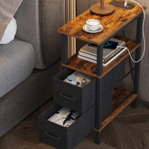 VIMBER Narrow Side Table for Small Spaces, Skinny End Table with Charging Station, Sofa Beside Table with 2 Drawers 1 Open Compartment, Slim Nightstand with USB Ports Outlet, Rustic and Brown UTBT004F