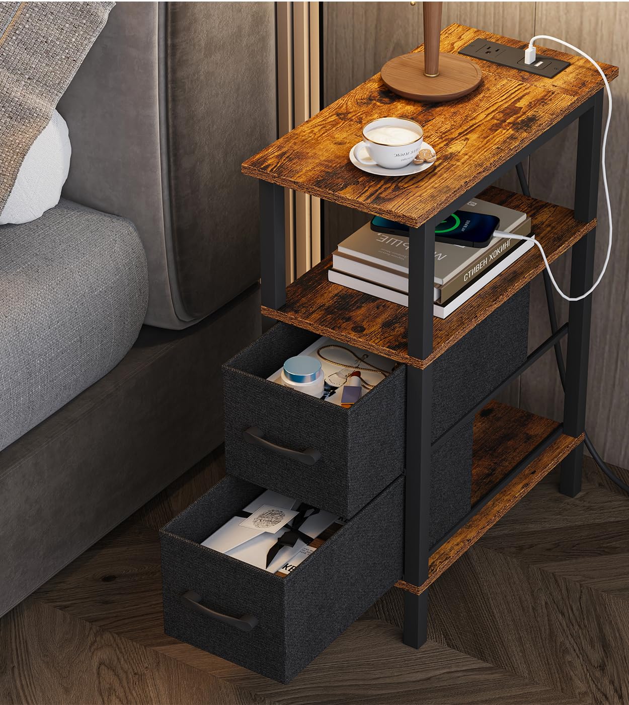 VIMBER Narrow Side Table for Small Spaces, Skinny End Table with Charging Station, Sofa Beside Table with 2 Drawers 1 Open Compartment, Slim Nightstand with USB Ports Outlet, Rustic and Brown UTBT004F