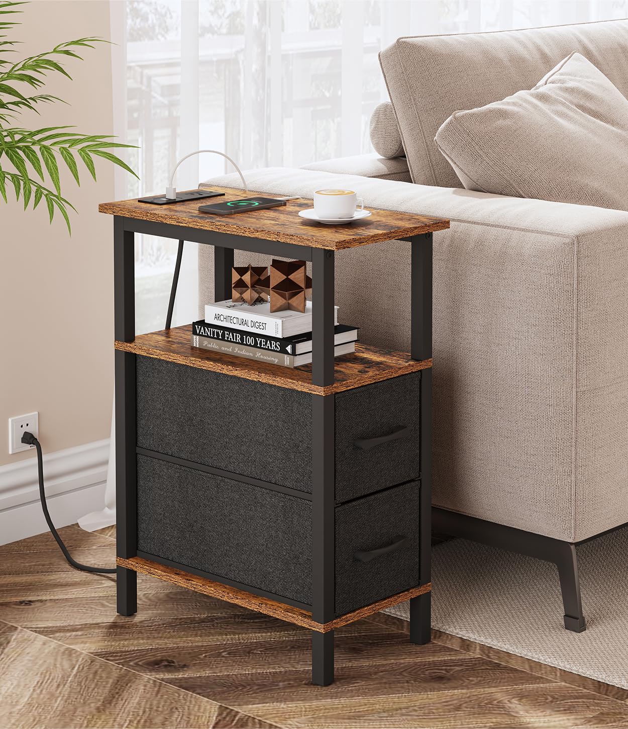 VIMBER Narrow Side Table for Small Spaces, Skinny End Table with Charging Station, Sofa Beside Table with 2 Drawers 1 Open Compartment, Slim Nightstand with USB Ports Outlet, Rustic and Brown UTBT004F