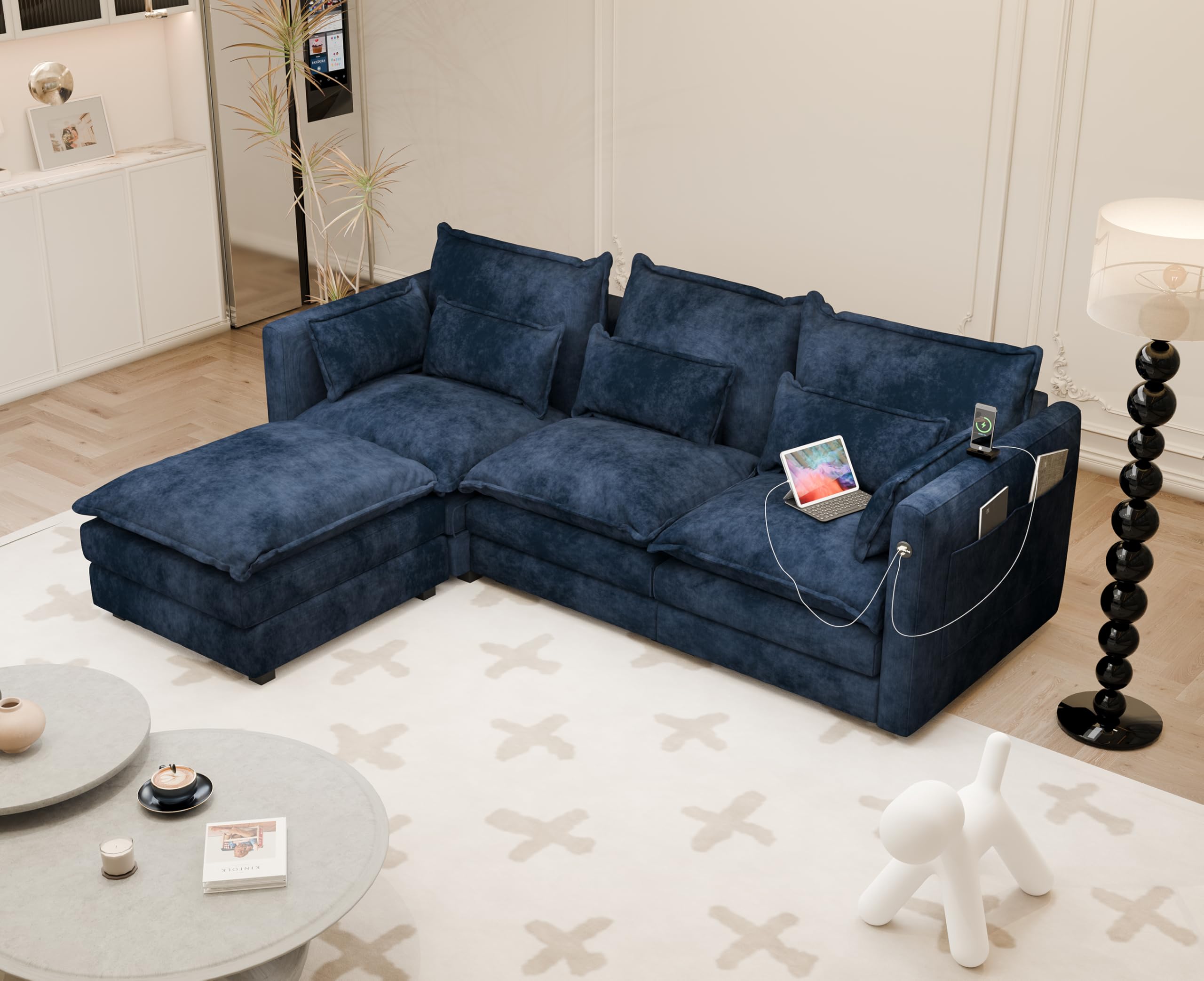 Modular Sectional Sofa, Convertible L Shaped Couch, 4 Seat Sofa Set with Chaise, Comfy Cloud Couches for Living Room, 110 inch Width Modern Sofa Couch, Chenille (Dark Blue, 3 Seats with Ottoman)