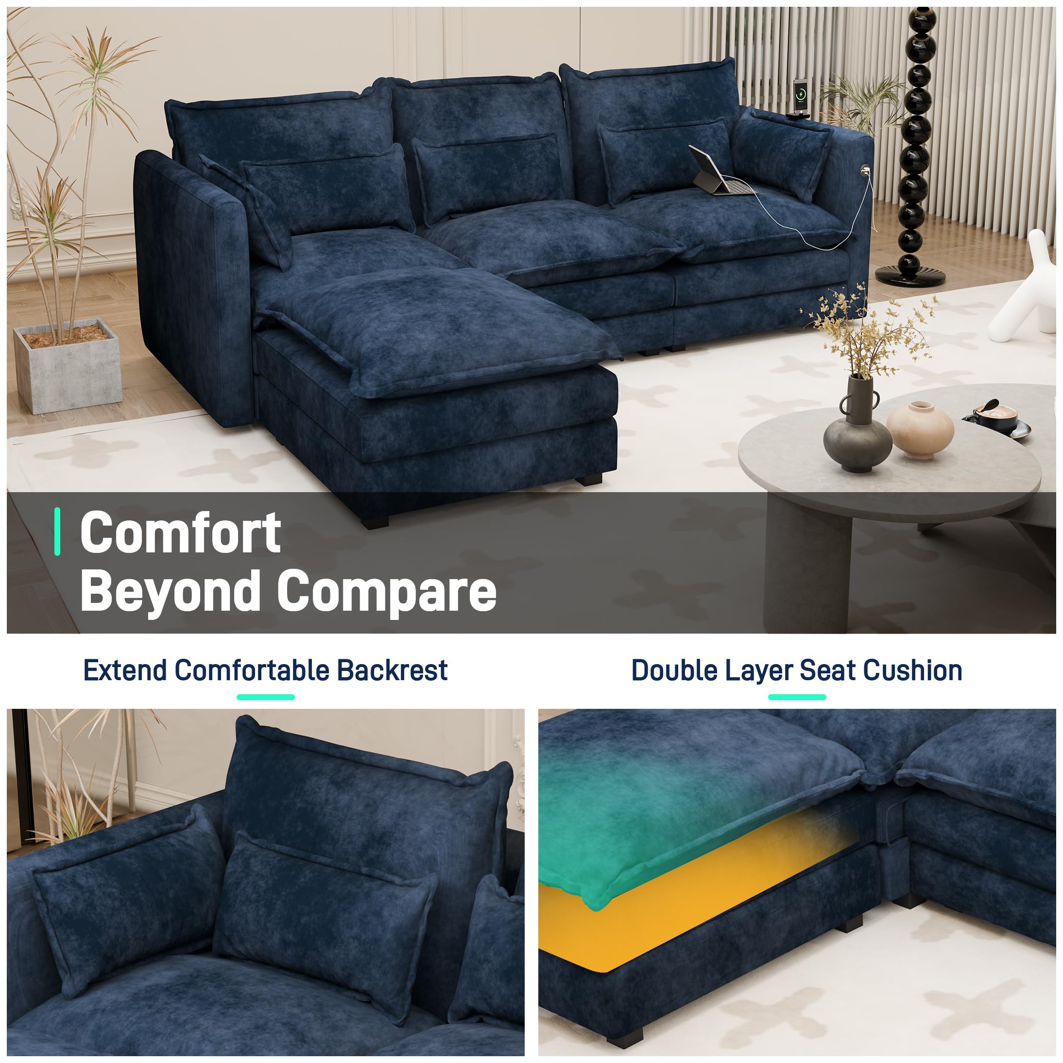 Modular Sectional Sofa, Convertible L Shaped Couch, 4 Seat Sofa Set with Chaise, Comfy Cloud Couches for Living Room, 110 inch Width Modern Sofa Couch, Chenille (Dark Blue, 3 Seats with Ottoman)