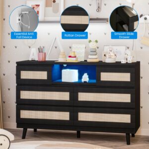 Rattan Dresser for Bedroom with Led Light and Charging Station, 6 Drawer Double Dressers, Modern Wooden Dresser Chest, Beside Table for Closet, Nursery, Living Room,Black