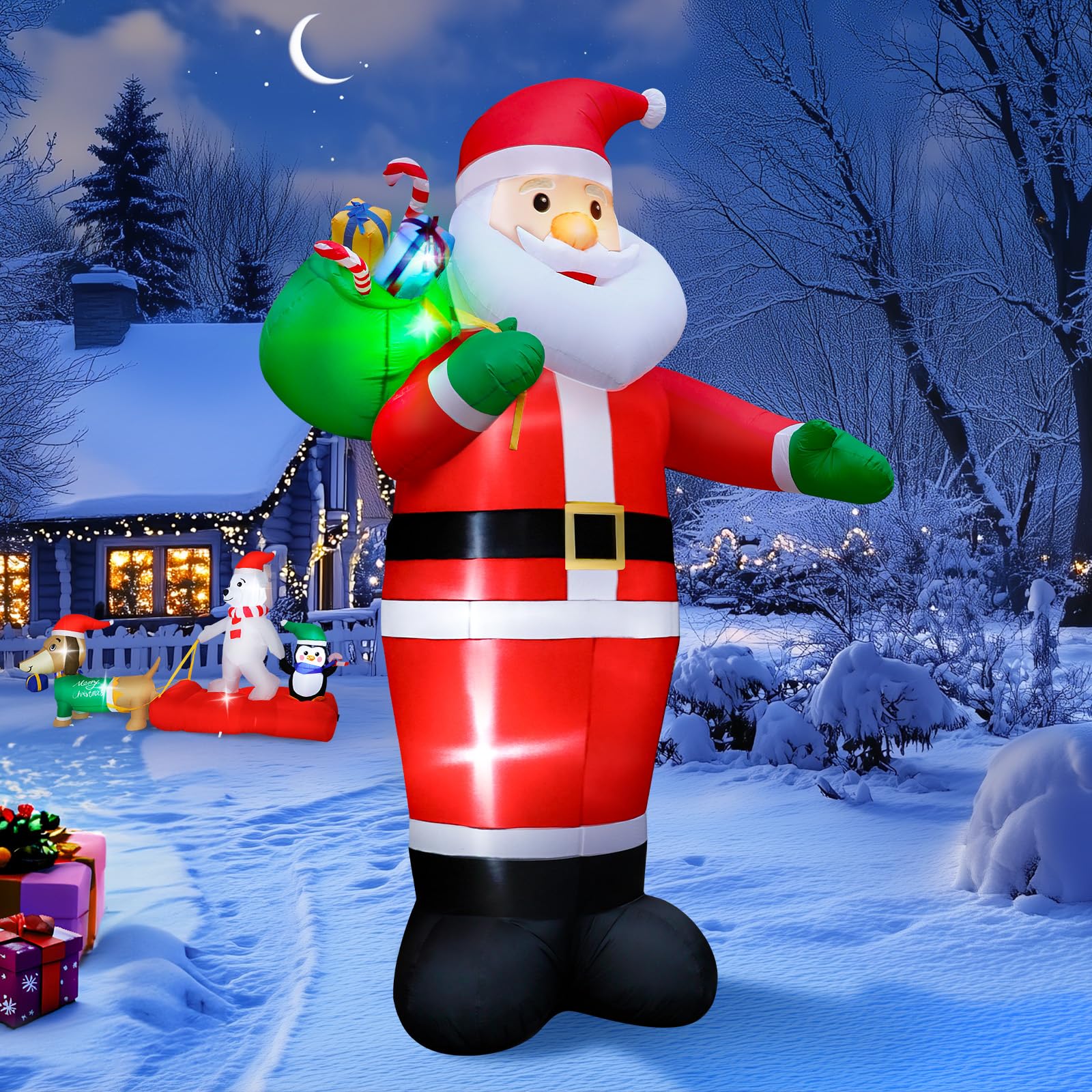 14FT Christmas Inflatable Santa Claus Outdoor Blow Up Yard Decorations,Giant Outside Standing Waterproof Smiling Santa Claus with Gift Bags,Built-in LEDs for Xmas Holiday Party Yard Garden Lawn Decor