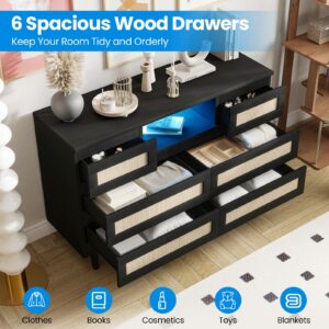 Rattan Dresser for Bedroom with Led Light and Charging Station, 6 Drawer Double Dressers, Modern Wooden Dresser Chest, Beside Table for Closet, Nursery, Living Room,Black