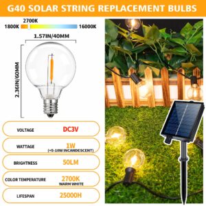 G40 LED Solar Replacement Bulbs,1W Equal to 5W, Plastic E12 Screw Base Shatterproof & Waterproof Globe Bulbs Light for Outdoor String Lights,Patio Cafe Bistro Decor, DC 3V,2700K Warm White,25 Pack