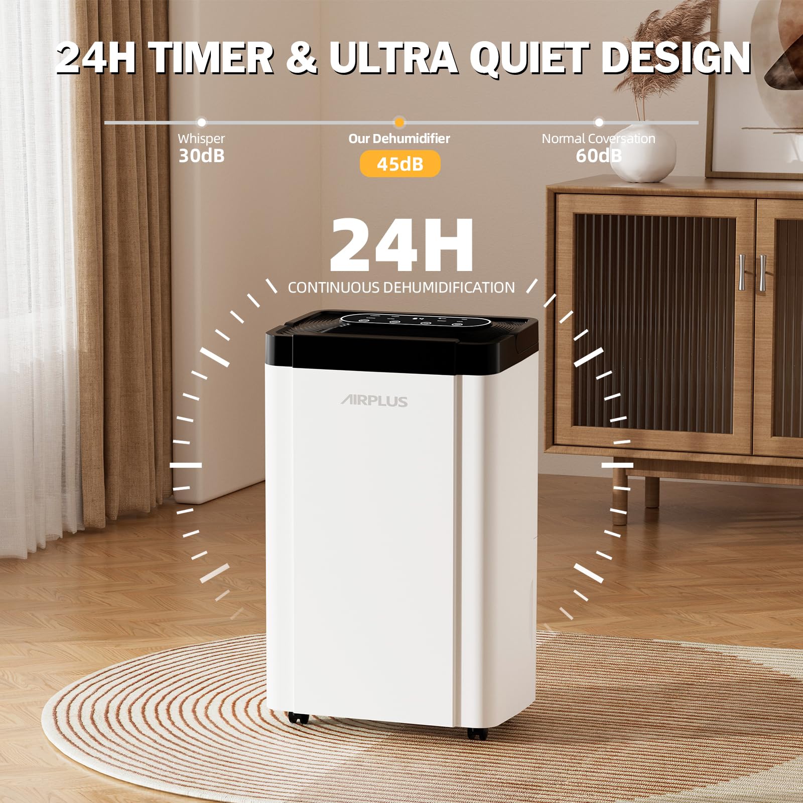 AIRPLUS 4,500 Sq.Ft 70 Pint Dehumidifier for Basements, (4 Smart Modes) Quiet Dehumidifiers for Bedroom & Home with Drain Hose, Auto Shut Off/24 Hr Timer/0.8Gallon Water Tank