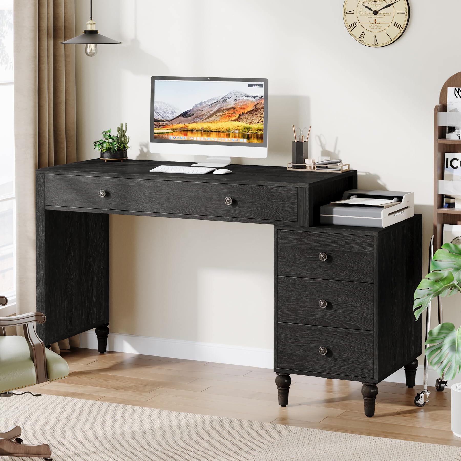 Tribesigns Computer Desk with 5 Drawers, Wood Home Office Desk with Reversible File Drawers and Printer Stand, Ash Black Writing Desk, Study Table Workstation for Small Spaces