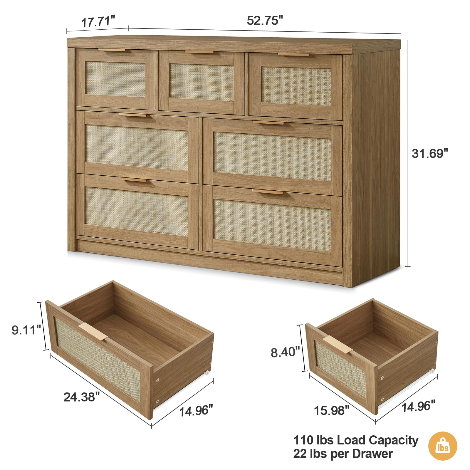 OAKHAM HOME 7 Drawer Dresser, Large Dresser for Bedroom, Rattan Chests of Drawers with Metal Handle and Wide Drawers, Wood Dressers Organizer TV Stand, 52.76" W x 17.71" D x 31.69" H