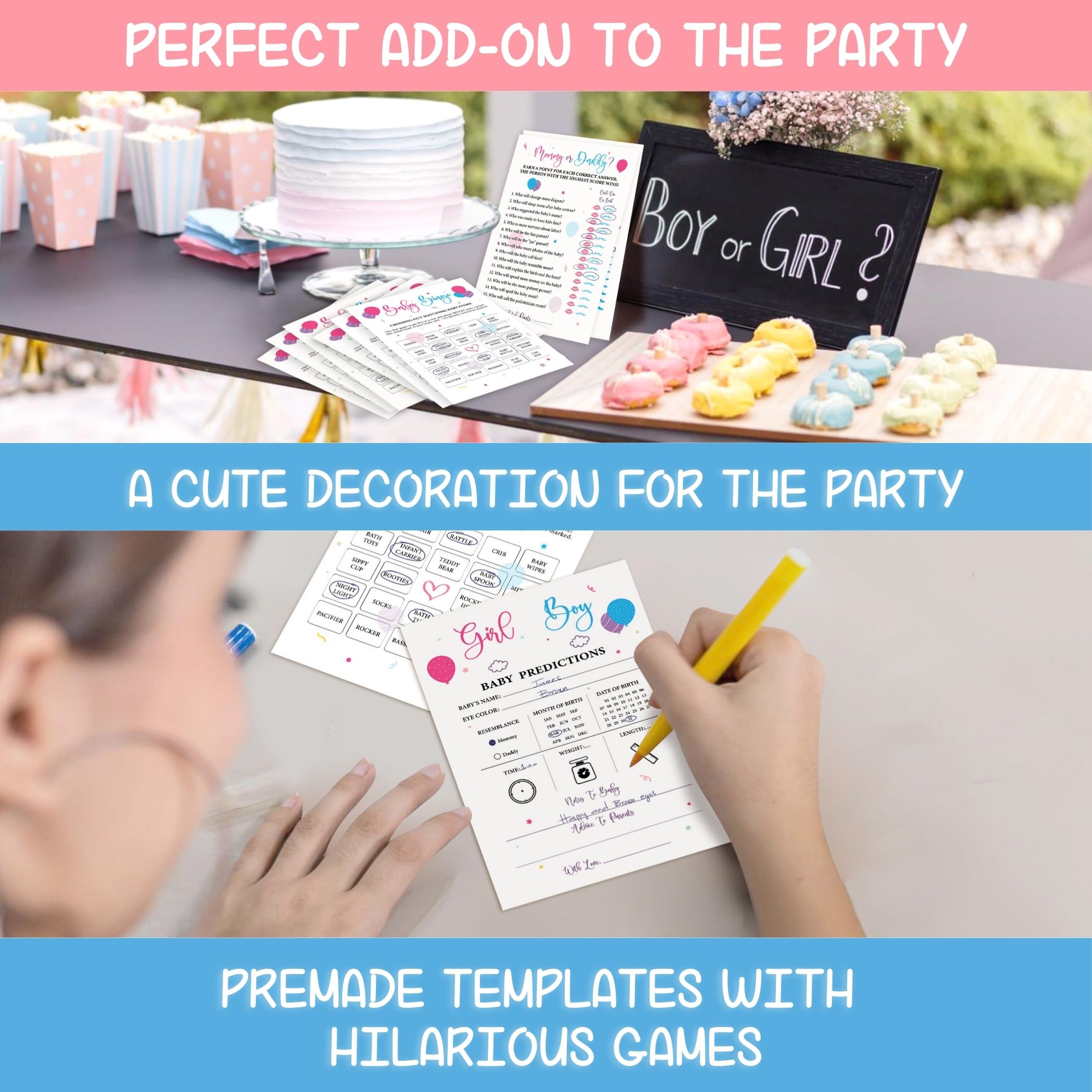 WOODAMORE Baby Gender Reveal Games for Guests - 4 Funny Baby Shower Games for Gender Reveal Party Decoration, Baby Shower Bingo Game, Boy Or Girl Gender Reveal Baby Prediction Cards, Old Wives Tales