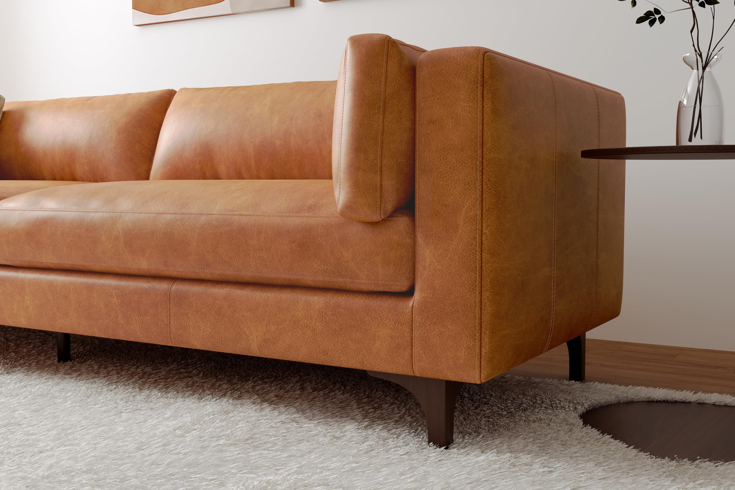 Valencia Mary Leather Couch 93" | Top Grain Nappa 11000 Leather Wide Seat, Solid Wood Frame, Plush Cushioning, Top-Stitched French Seams, Saddle Tan