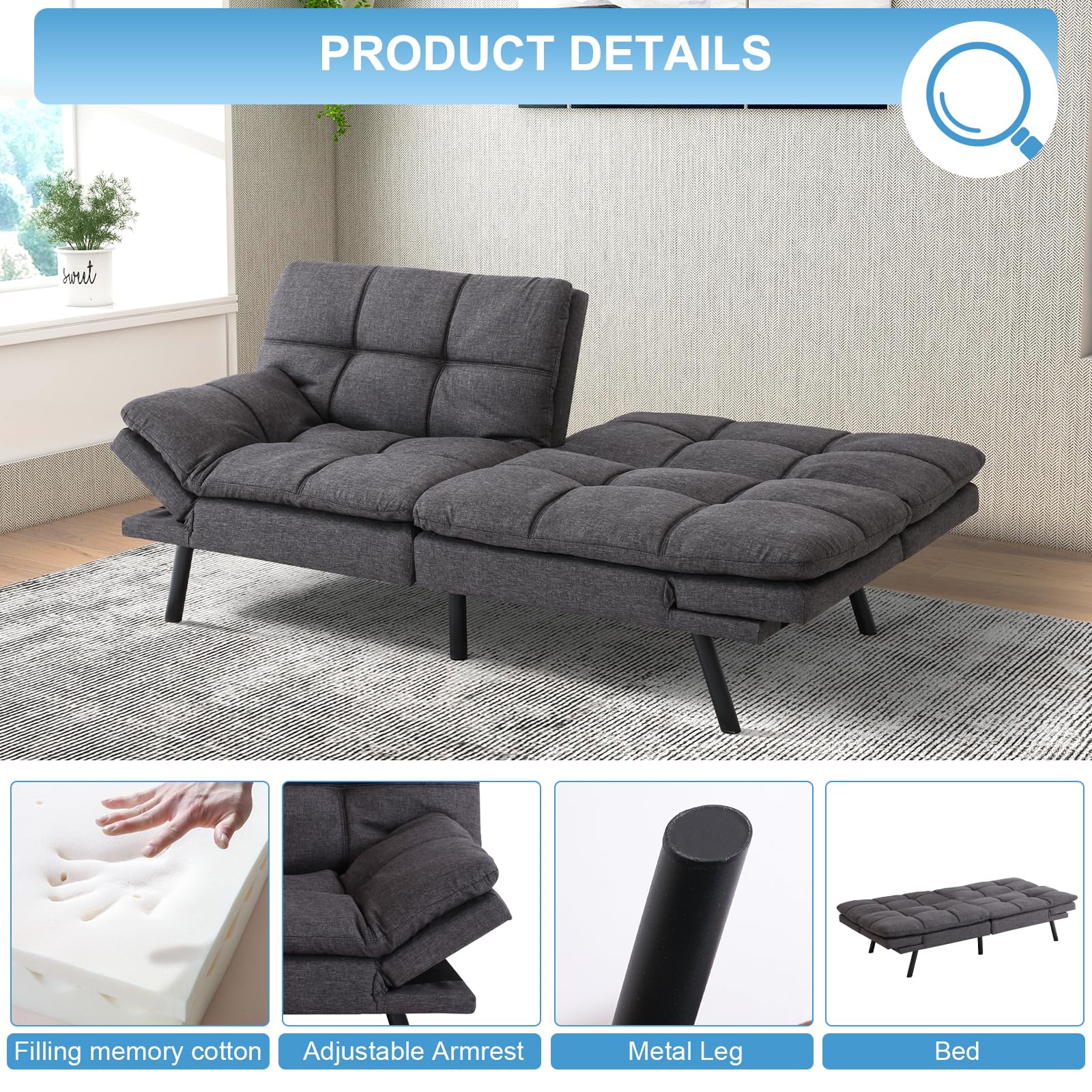 MUUEGM Futon Sofa Bed Couch Sofa, Memory Foam Futon Sleeper Sofa Loveseat Convertible Couch Bed for Small Compact Spaces, Apartment, Dark Grey.